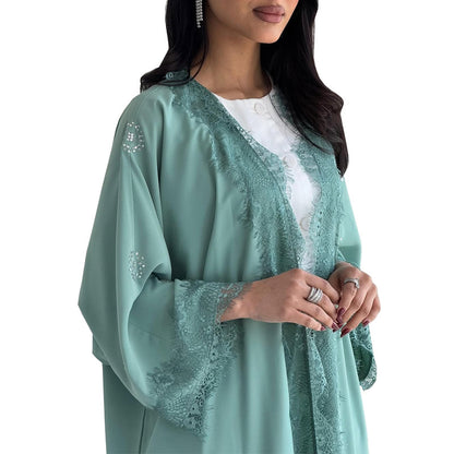 Lace Patchwork Long Coat Modest Outerwear Fashion Kaftan Trendy Dress