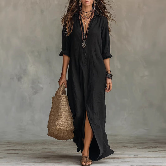 Summer Casual Solid Color Turn-Down Collar Front Slit Long Dress