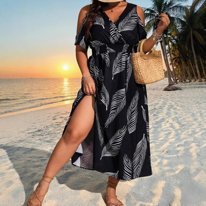 Printed resort-style bohemian plus-size sexy slit dress for women