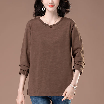 Solid color round neck long sleeved loose T-shirt