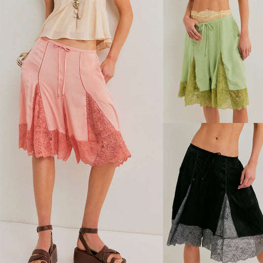 Women's Lightweight Satin Lace Sexy Trimmed Mid-Length Pants