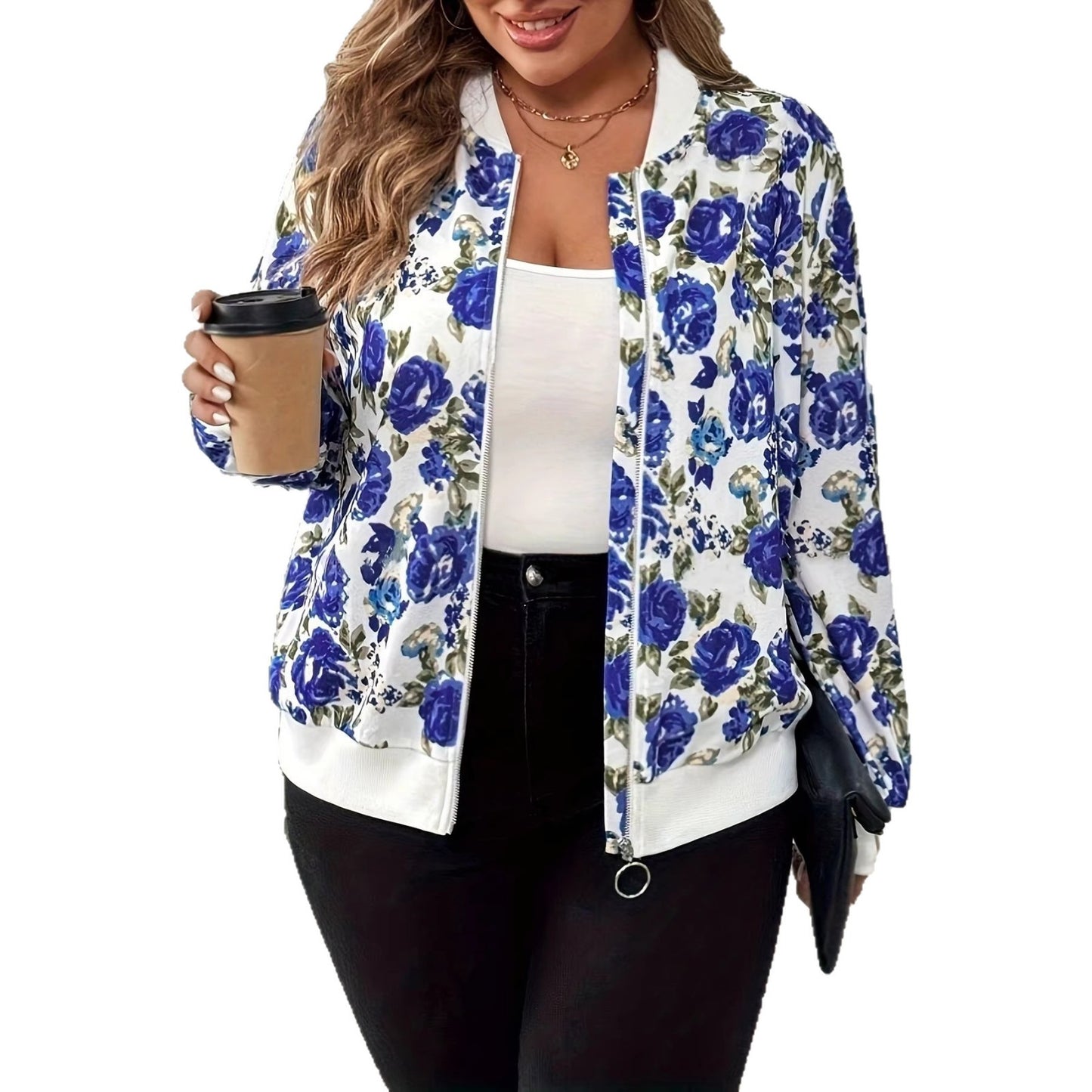 Abstract Print Zipper Floral Long Sleeve Short Casual Jacket for Women