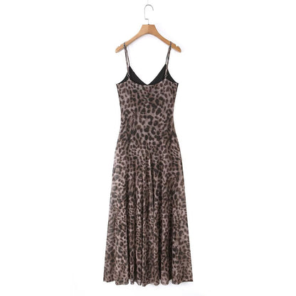 Spicy leopard print elastic mesh sleeveless suspender dress