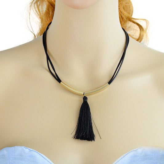 Punk Jewellery Metal Decor Black Pu Leather Tassel Charm Tattoo Choker Necklace-0