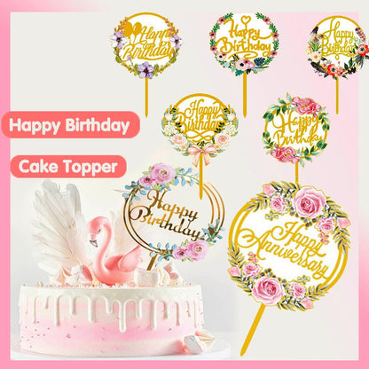 Happy Birthday Anniversary Wedding Cake Flowers Topper Acrylic Party Decorations