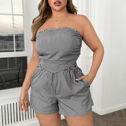 New  Women's Sexy Striped Crop Top and Shorts Two-piece Set