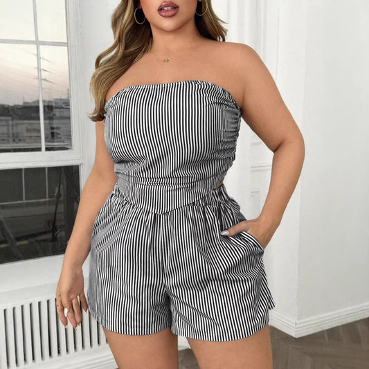 New  Women's Sexy Striped Crop Top and Shorts Two-piece Set