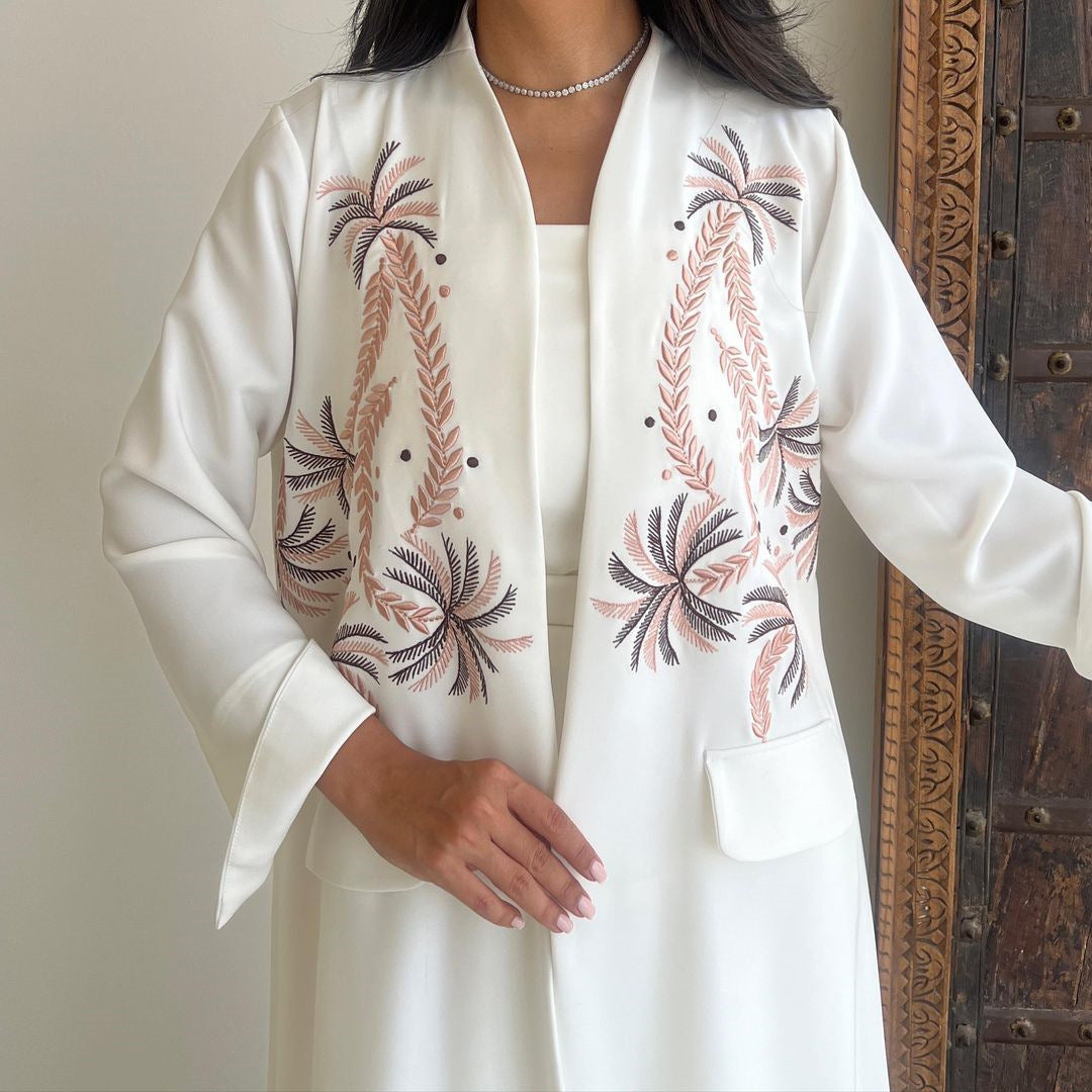 White coconut tree embroidered long cardigan