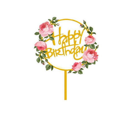 Happy Birthday Anniversary Wedding Cake Flowers Topper Acrylic Party Decorations