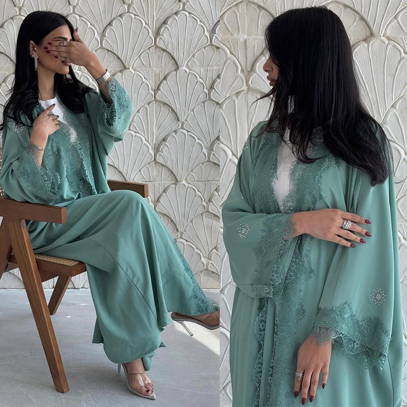Lace Patchwork Long Coat Modest Outerwear Fashion Kaftan Trendy Dress