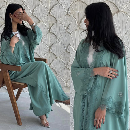 Lace Patchwork Long Coat Modest Outerwear Fashion Kaftan Trendy Dress