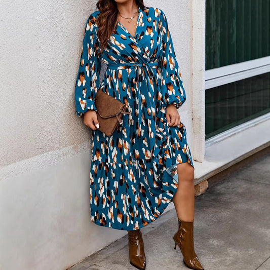 Elegant V-Neck Printed Long Sleeve Dress for Women
