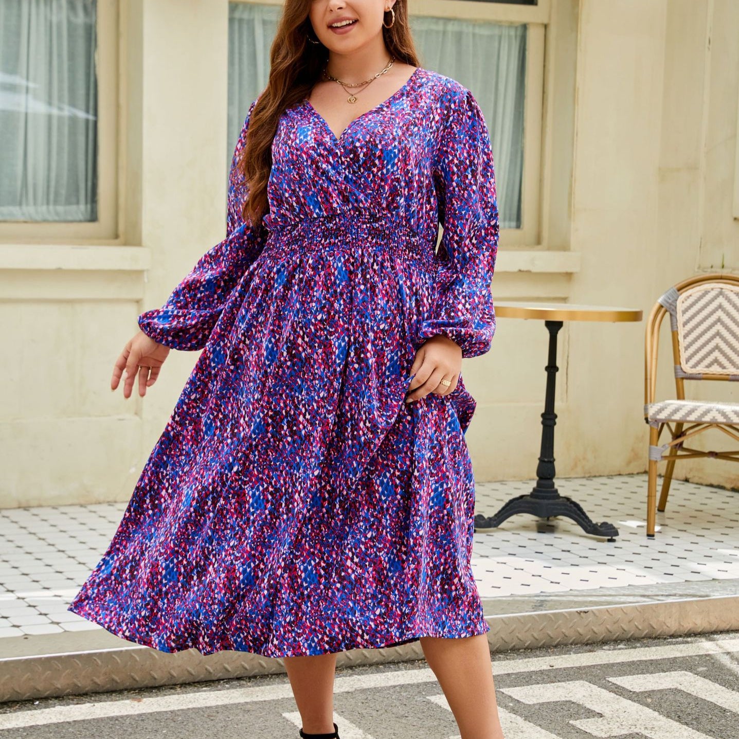V-neck Loose Slimming Waist Plus Size Women's Printed Fashion Dress