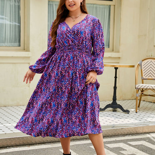 V-neck Loose Slimming Waist Plus Size Women's Printed Fashion Dress