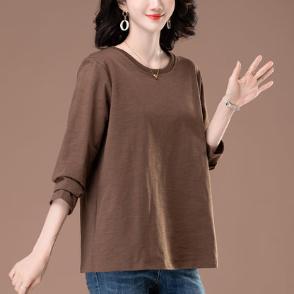 Solid color round neck long sleeved loose T-shirt