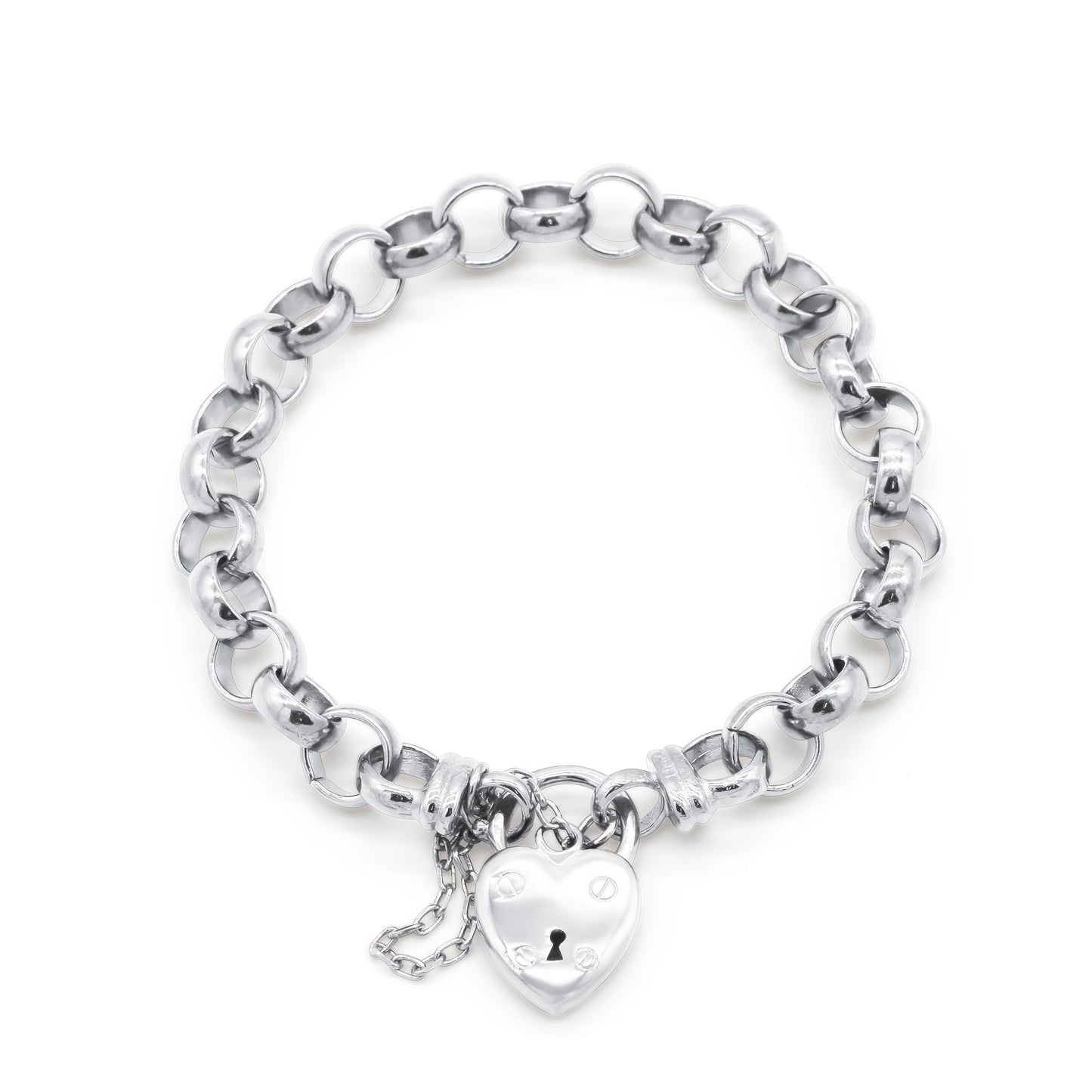 925 Sterling Silver Plated  10mm Belcher Chain Bracelet with a Small Plain Heart Locket - USA Made