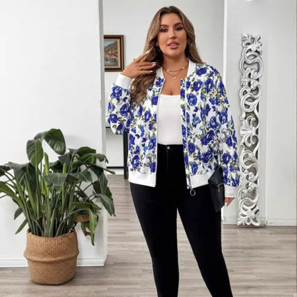 Abstract Print Zipper Floral Long Sleeve Short Casual Jacket for Women