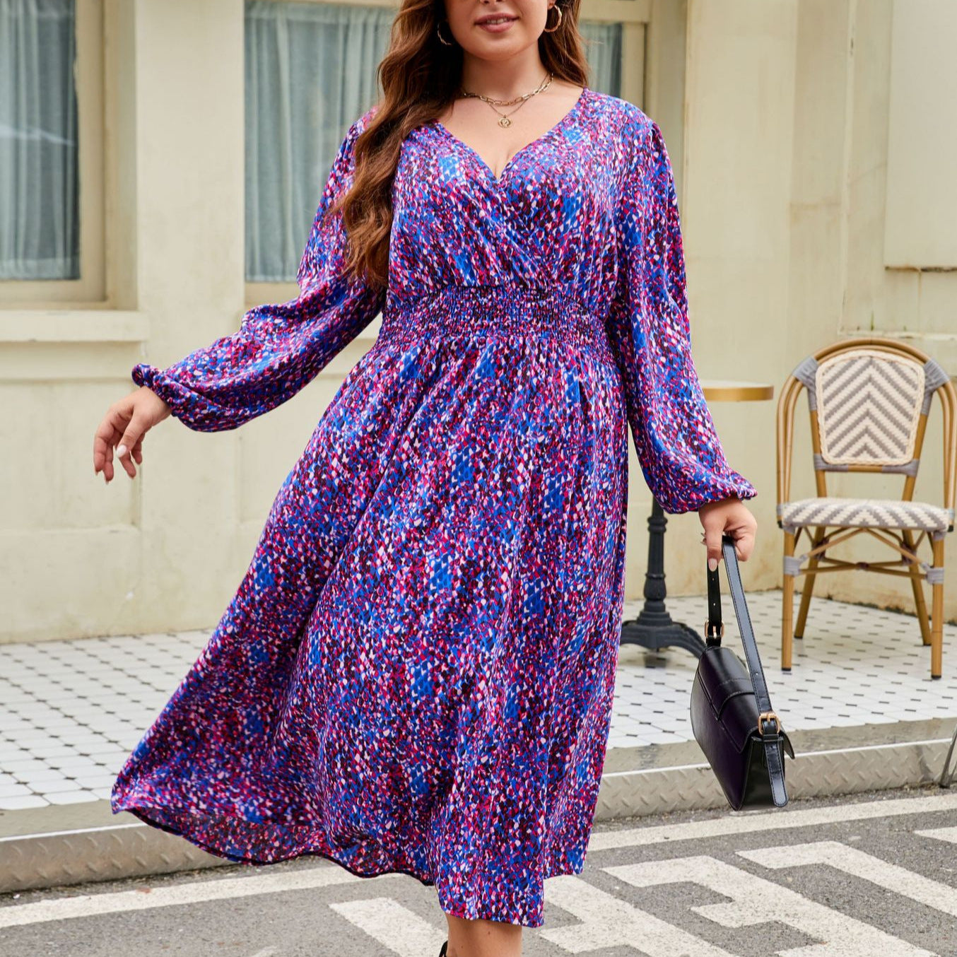 V-neck Loose Slimming Waist Plus Size Women's Printed Fashion Dress