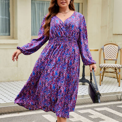 V-neck Loose Slimming Waist Plus Size Women's Printed Fashion Dress