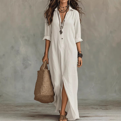 Summer Casual Solid Color Turn-Down Collar Front Slit Long Dress