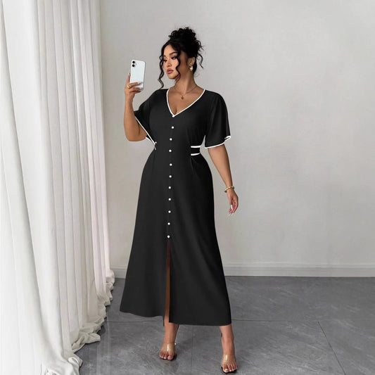 Chic V-Neck Color-Blocked Fitted Button-Up Dress for WomenCasual Wear