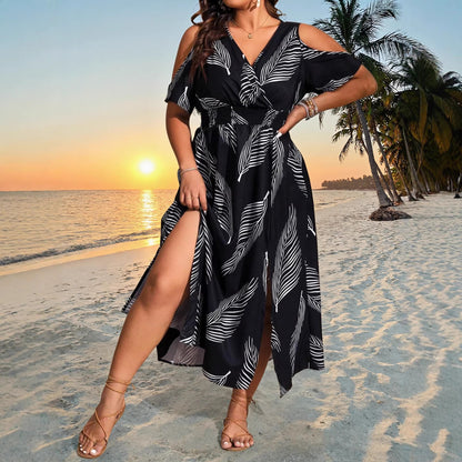 Printed resort-style bohemian plus-size sexy slit dress for women