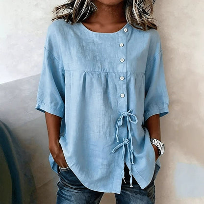Style Shirt with Tie and Button Closure, Round Neck, Mid-Sleeve Top