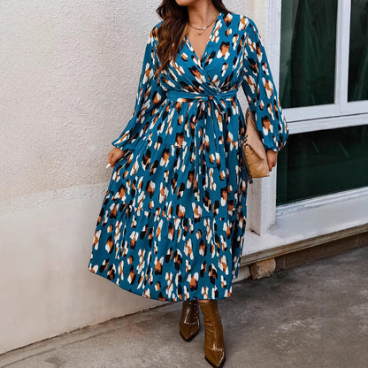 Elegant V-Neck Printed Long Sleeve Dress for Women