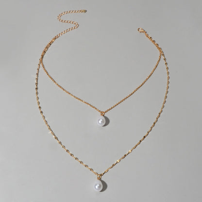 Fashion Double-layer Gold Chain Imitation Pearl Pendant Necklace Gift Jewelry-1