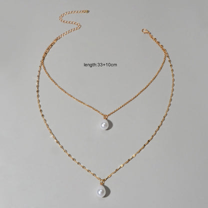 Fashion Double-layer Gold Chain Imitation Pearl Pendant Necklace Gift Jewelry-2