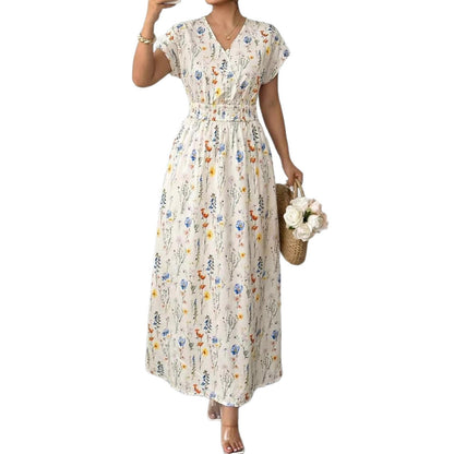 V-neck  printed dress, new women's fashion vacation style fitted plus-size dress