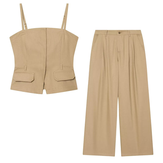 Cowboy camisole short top+pleated pants set