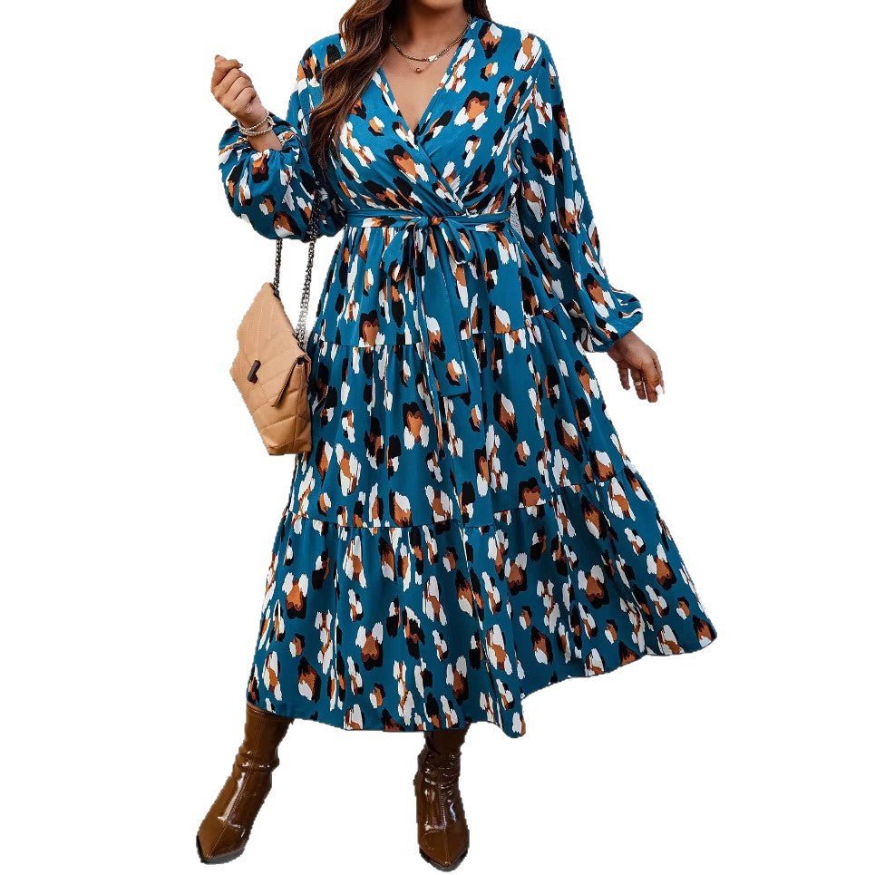 Elegant V-Neck Printed Long Sleeve Dress for Women