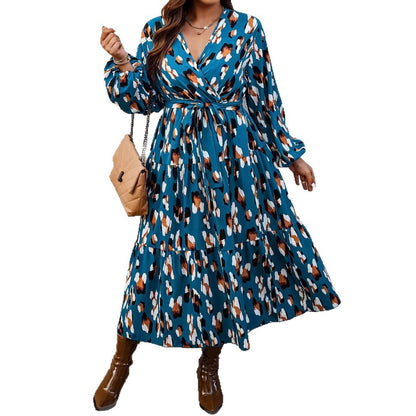 Elegant V-Neck Printed Long Sleeve Dress for Women