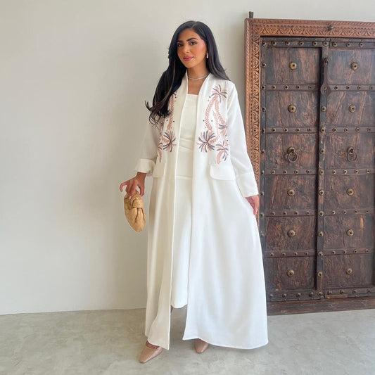White coconut tree embroidered long cardigan