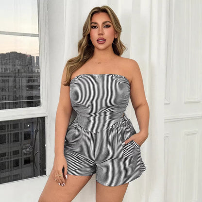 New  Women's Sexy Striped Crop Top and Shorts Two-piece Set