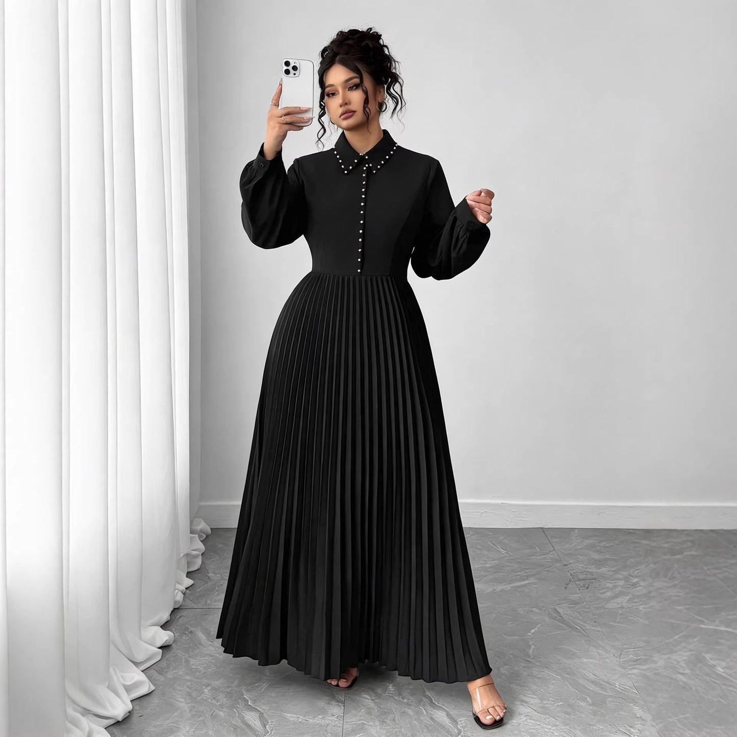 High-Waisted Pleated Long Sleeve Dress for Women Plus