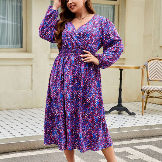 V-neck Loose Slimming Waist Plus Size Women's Printed Fashion Dress