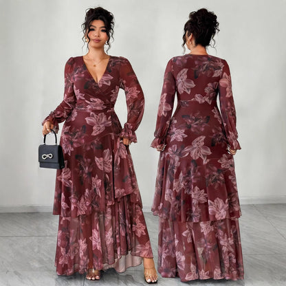 Fashion Printed Chiffon French V-Neck Fitted Waist Flared Maxi Dress for Women