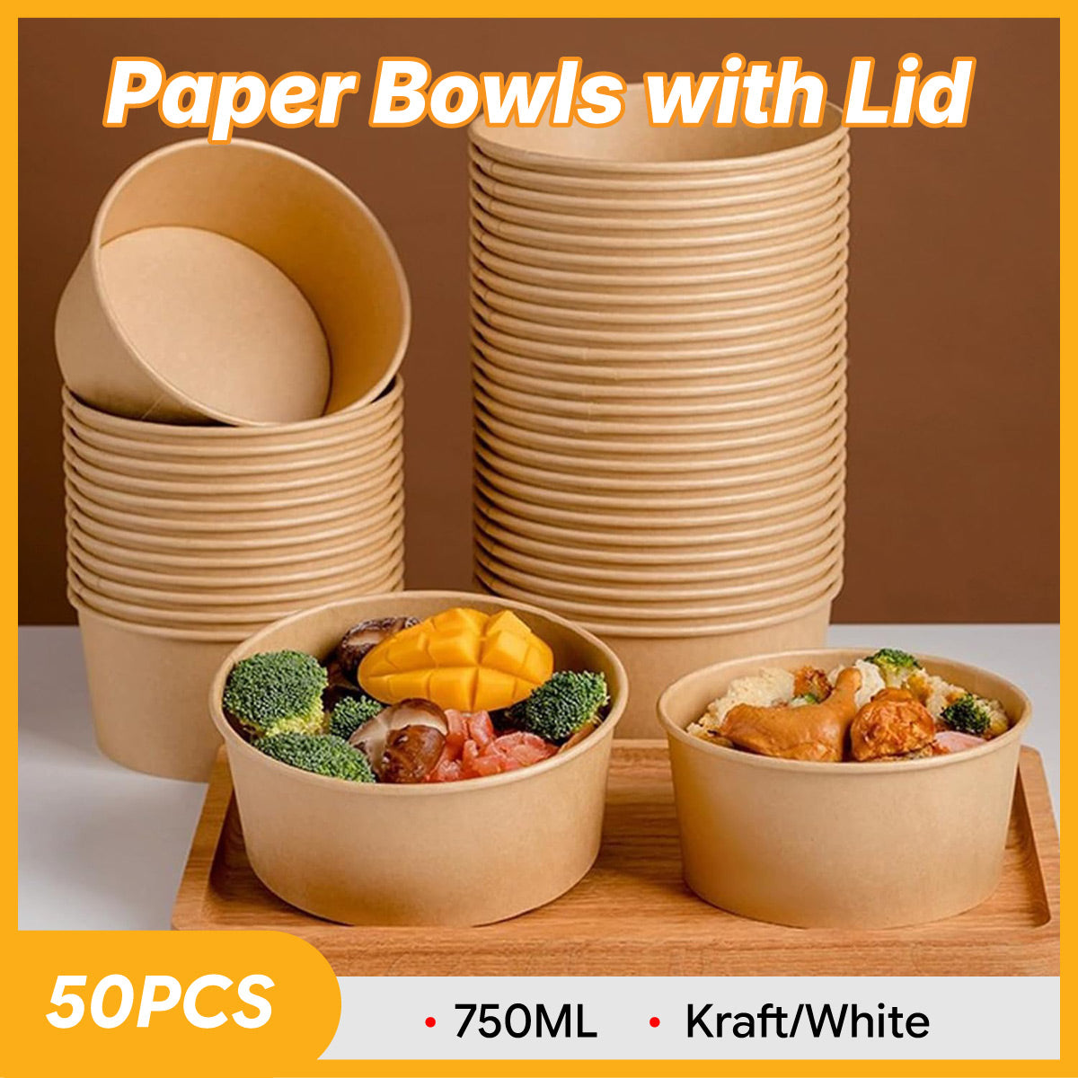 50PCS Disposable Round Paper Bowls 750ml Food-safe with Lid Takeout Soup Salad-0