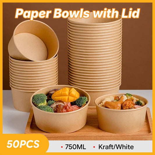 50PCS Disposable Round Paper Bowls 750ml Food-safe with Lid Takeout Soup Salad-0