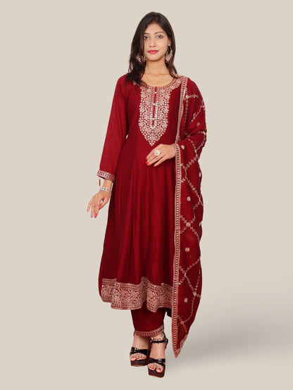 Woman Anarkali Suit Set with Pant-Dupatta-0