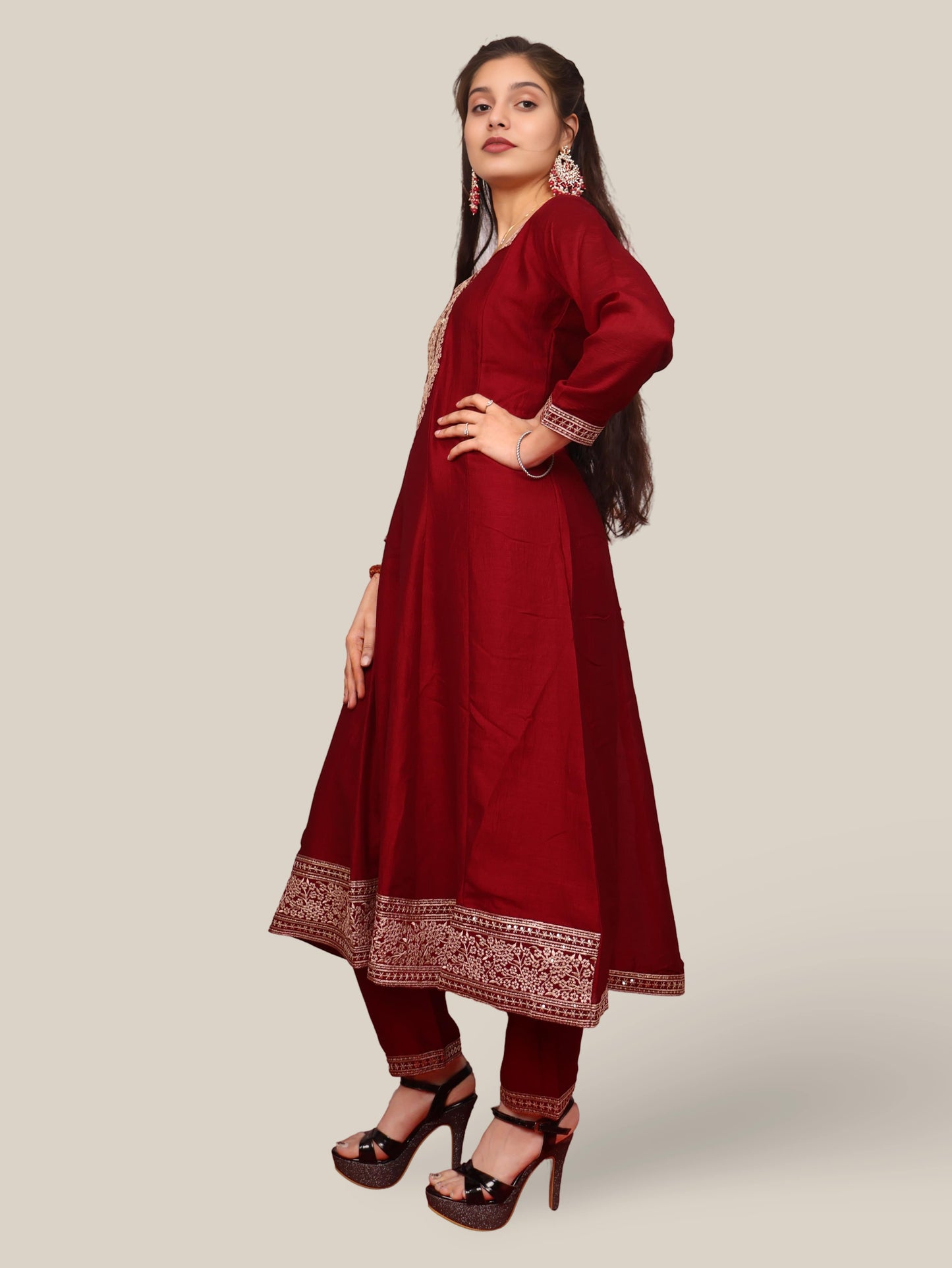 Woman Anarkali Suit Set with Pant-Dupatta-1