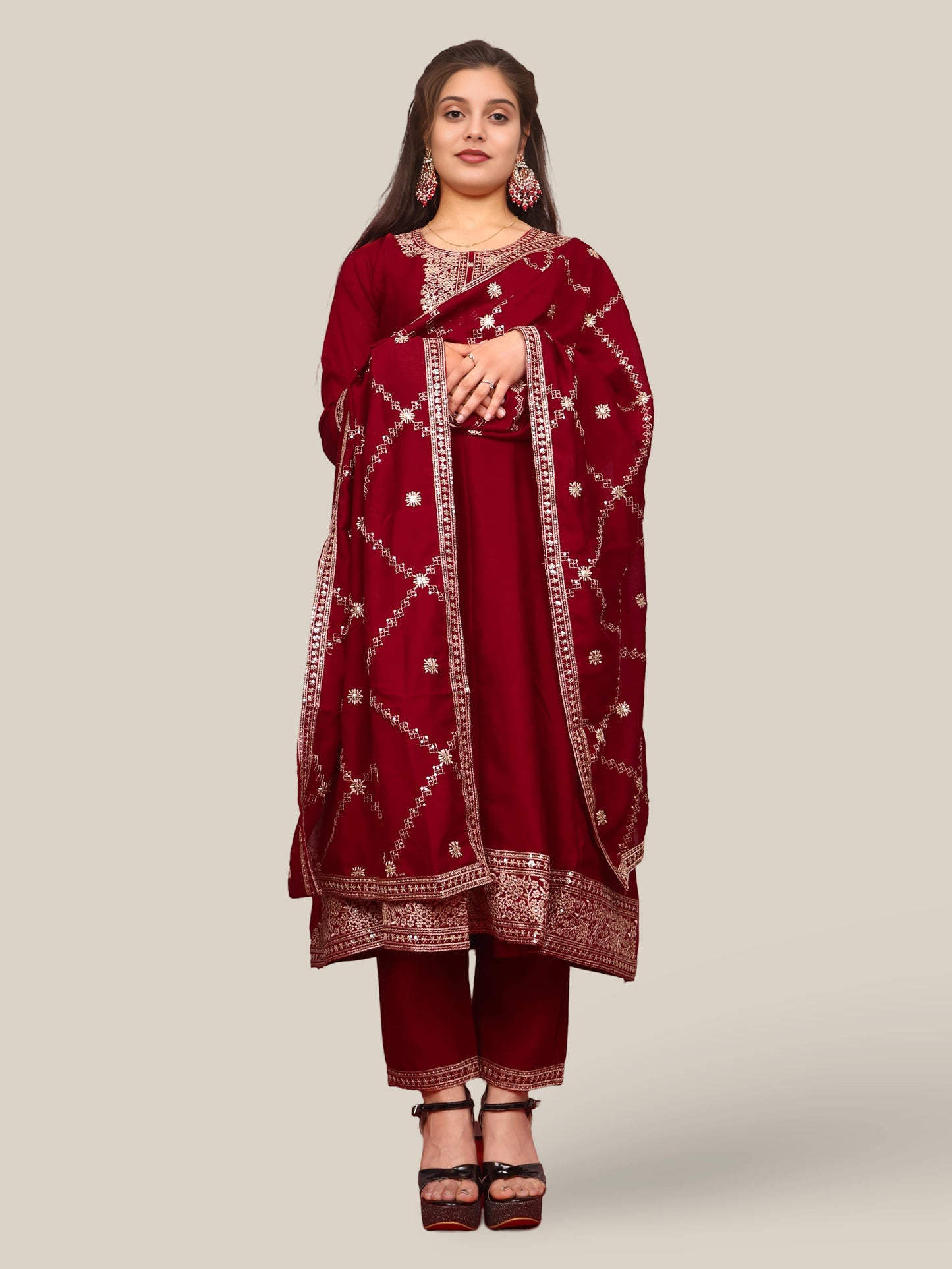 Woman Anarkali Suit Set with Pant-Dupatta-4