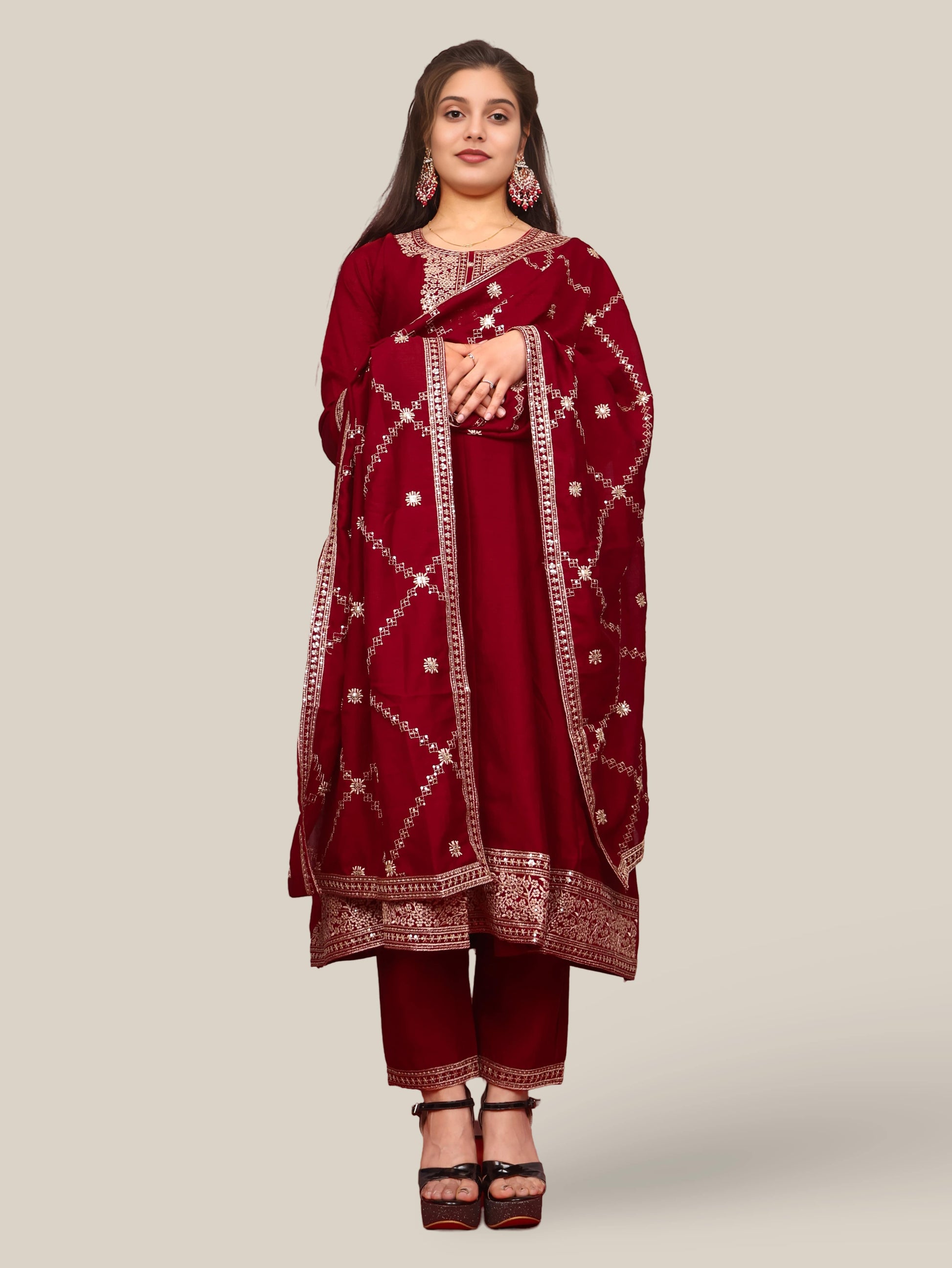 Woman Anarkali Suit Set with Pant-Dupatta-4