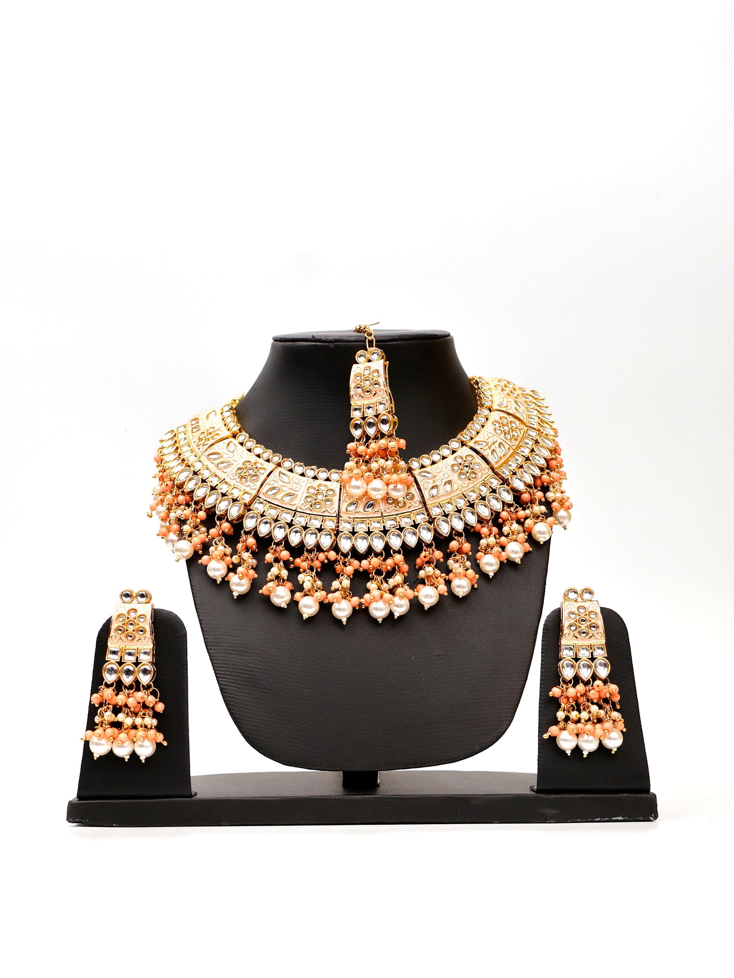 Peach Meenakari Kundan & Pearl Necklace Set with Earrings & Mang Tikka-0
