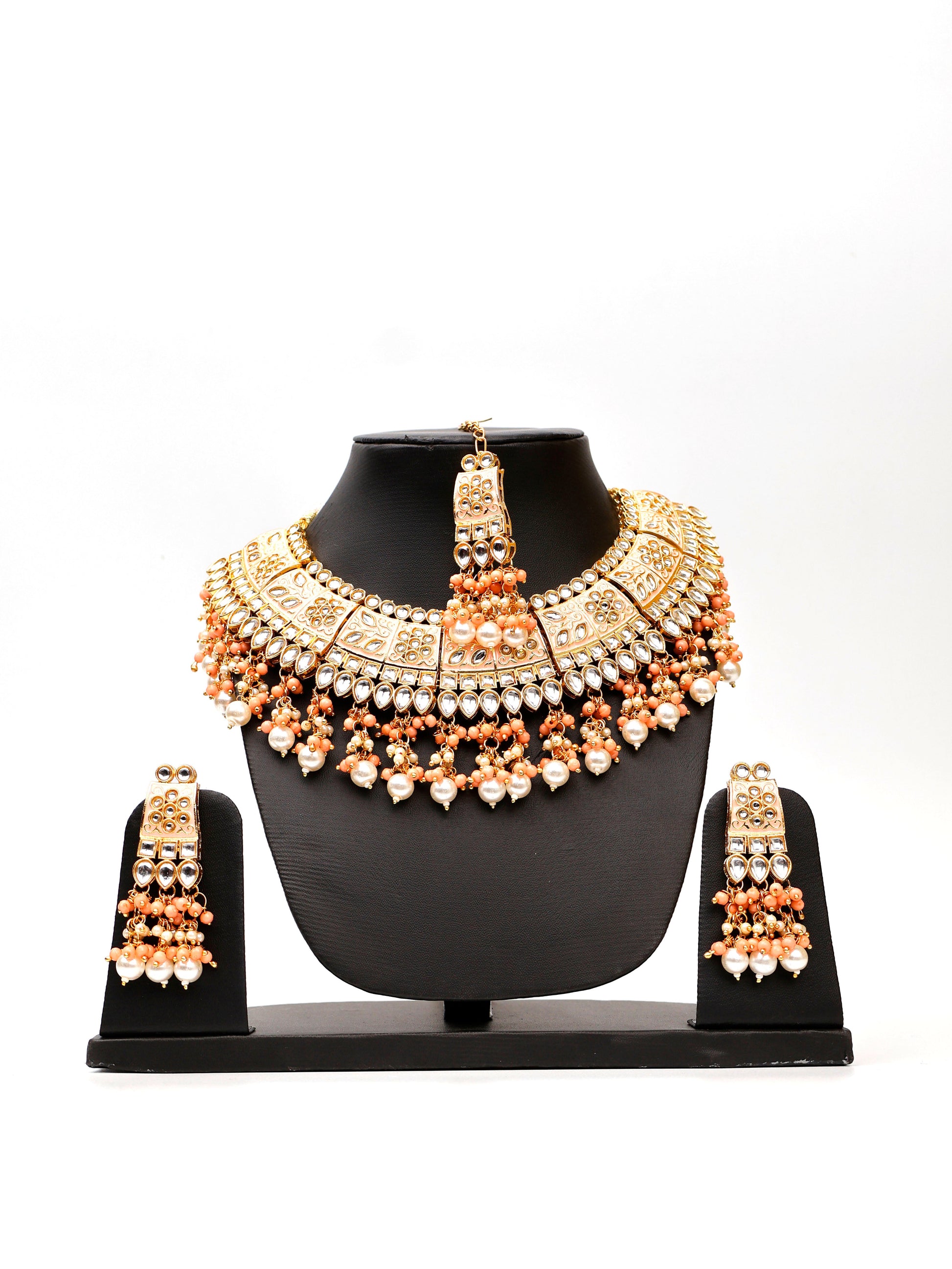 Peach Meenakari Kundan & Pearl Necklace Set with Earrings & Mang Tikka-0