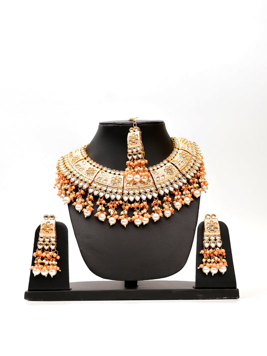 Peach Meenakari Kundan & Pearl Necklace Set with Earrings & Mang Tikka-0