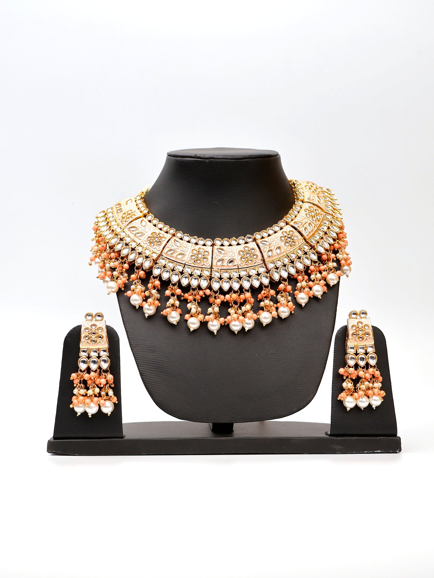 Peach Meenakari Kundan & Pearl Necklace Set with Earrings & Mang Tikka-1