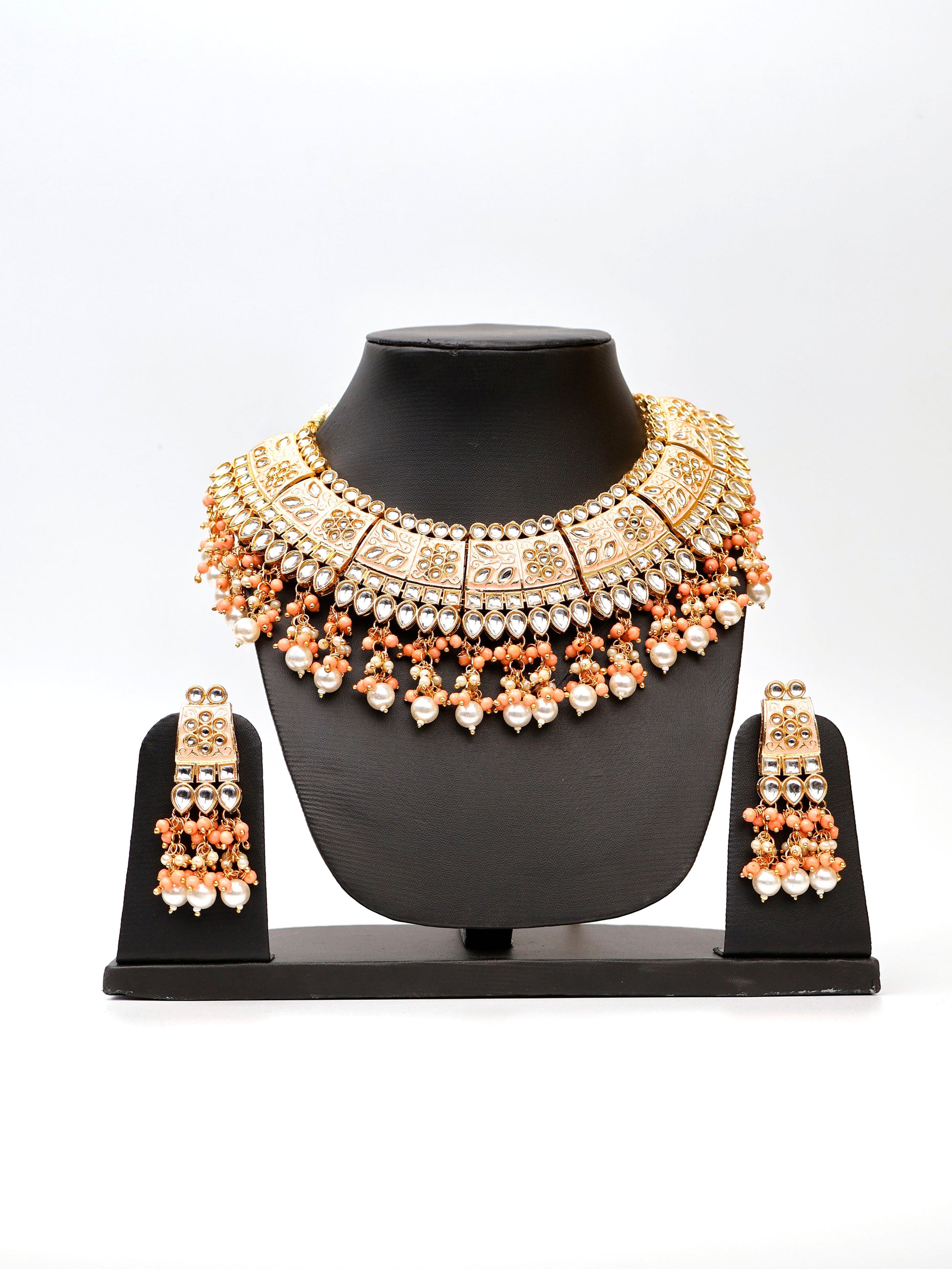Peach Meenakari Kundan & Pearl Necklace Set with Earrings & Mang Tikka-1